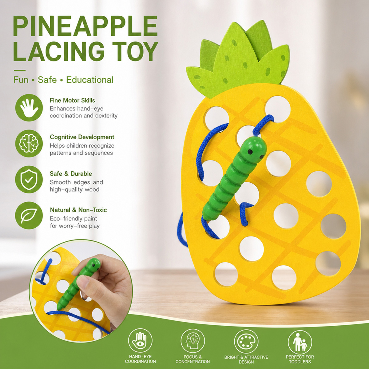 Travel Accessories Baby - Ahşap İplikleme Oyuncakları, Ananas Temalı, Seyahat